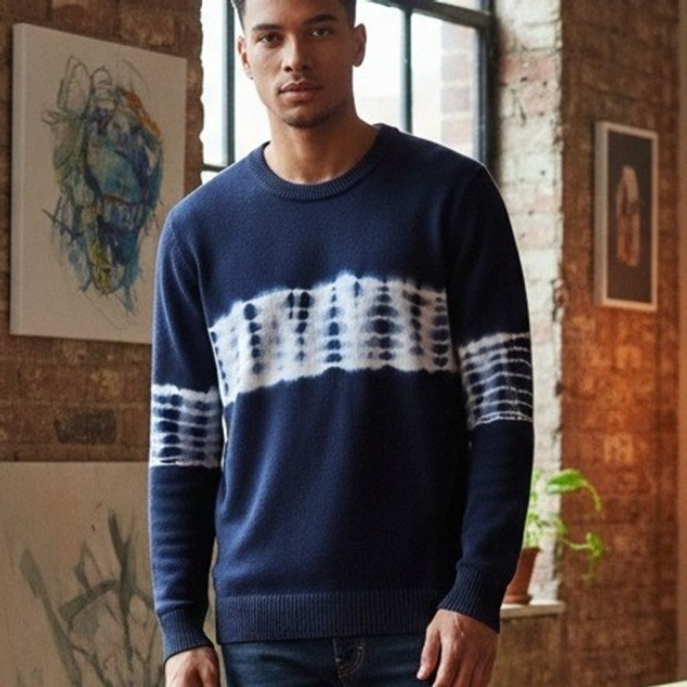 XRAY‎ Jeans $68 Small Navy Blue White Tie Dye Crew Neck Long Sleeve Knit Sweater